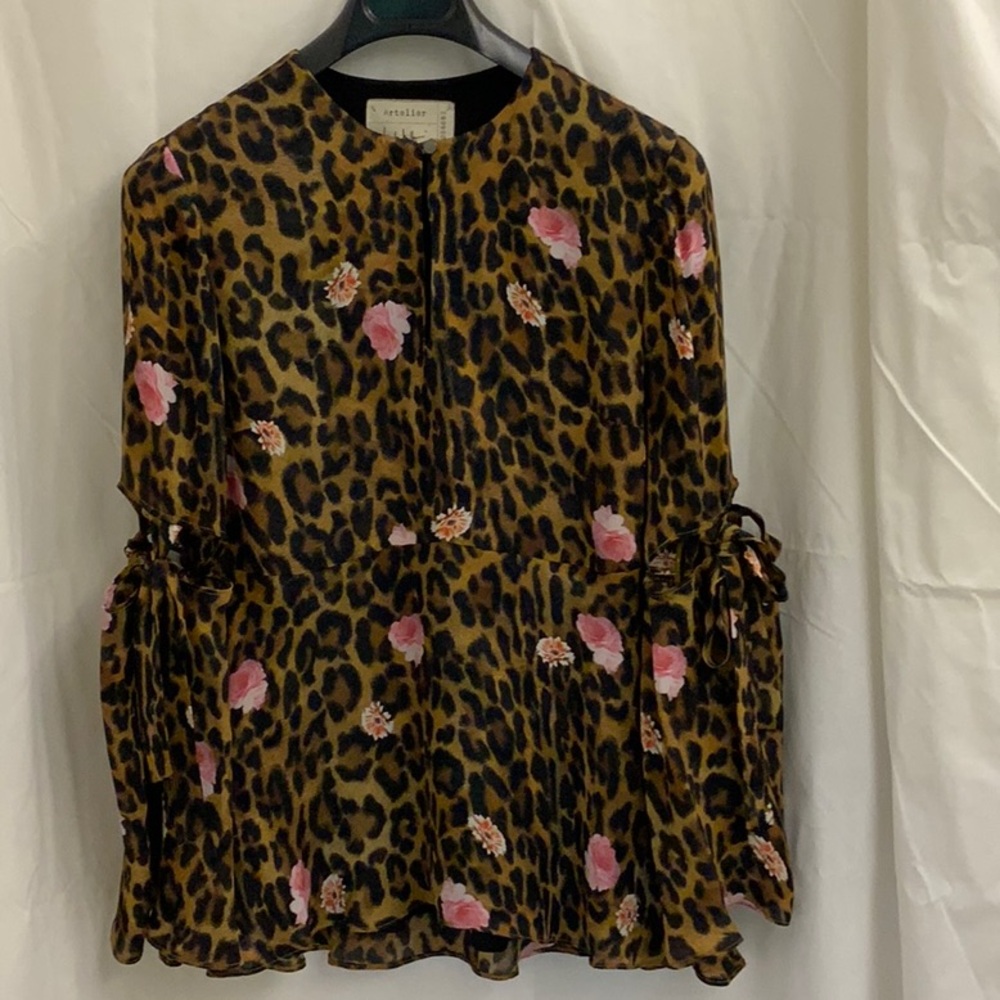 Leopard Print with Pink Flowers Silk-blend Flowing Blouse by Nicole Miller - NWT